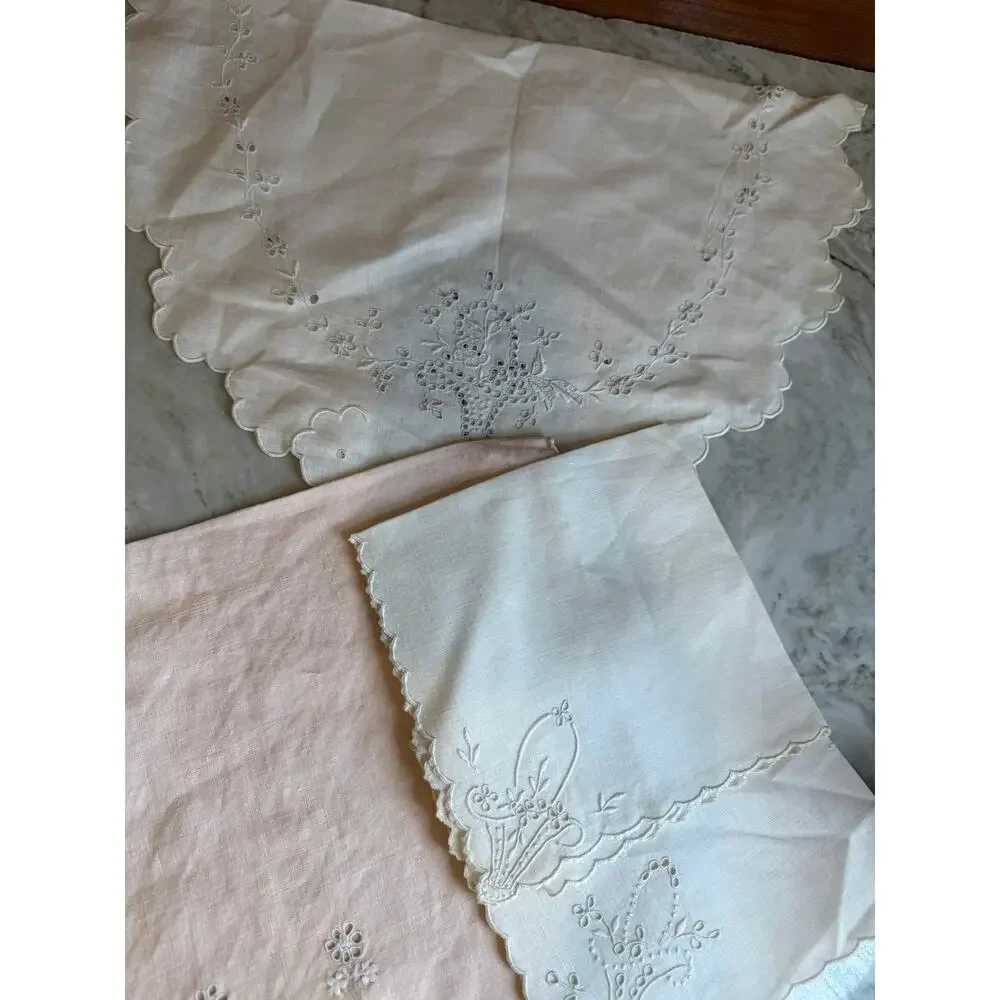 Lot of Vintage Cutwork Table Linens Table Runners Napkins White Pink